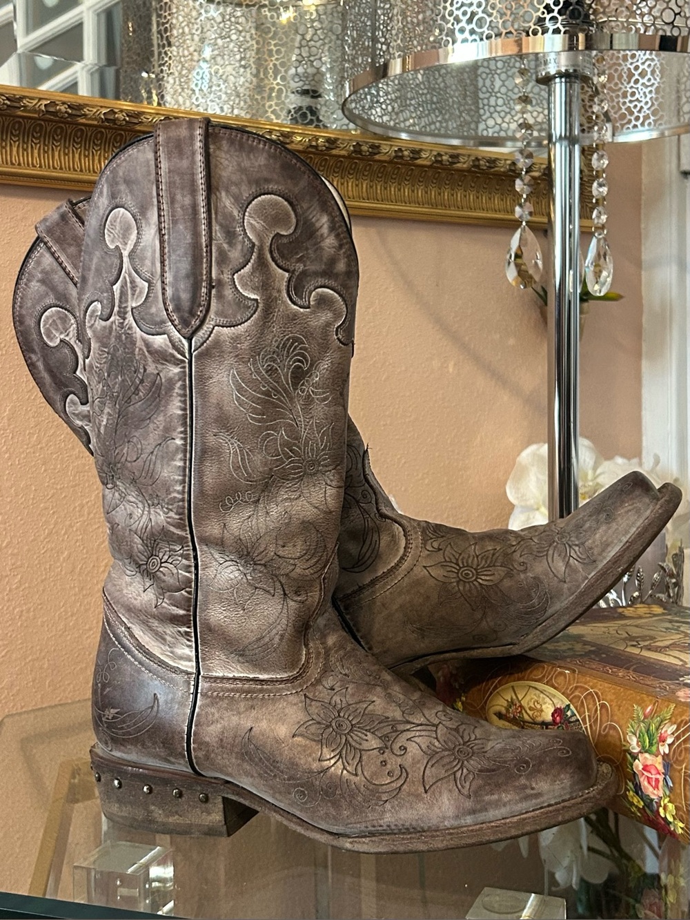 J.B. Dillon Distressed Brown Floral Embossed Western Cowgirl Boots Size 8.5